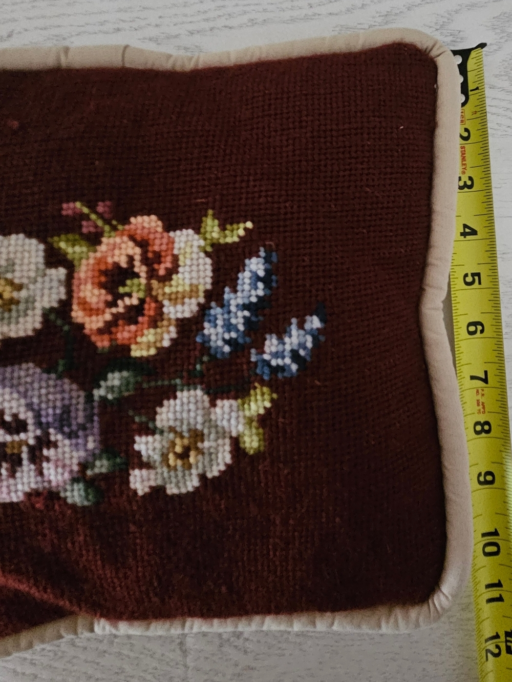 Vintage Needlepoint Pillow Floral Dark Red/Burgundy 10"x11" - Picture 3 of 4